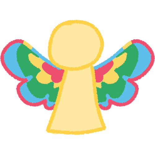 a pale yellow person with wings that are red, yellow, green, and blue. The person has no eyes